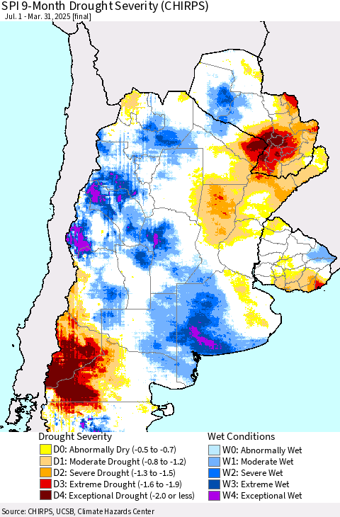 Southern South America SPI 9-Month Drought Severity (CHIRPS) Thematic Map For 7/1/2024 - 3/31/2025