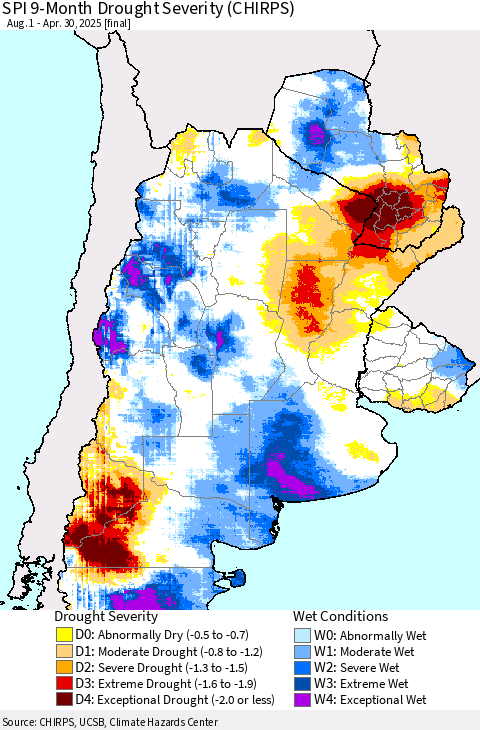 Southern South America SPI 9-Month Drought Severity (CHIRPS) Thematic Map For 8/1/2024 - 4/30/2025