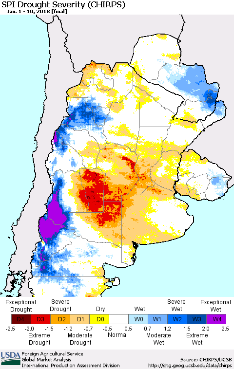 Southern South America SPI Drought Severity (CHIRPS) Thematic Map For 1/1/2018 - 1/10/2018