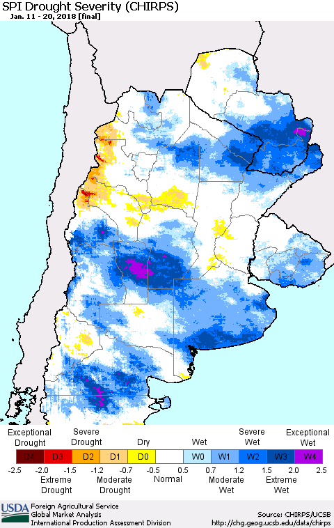 Southern South America SPI Drought Severity (CHIRPS) Thematic Map For 1/11/2018 - 1/20/2018