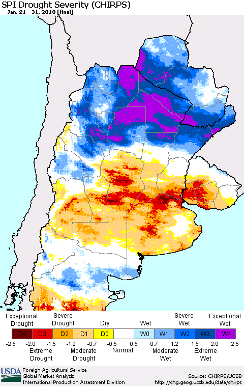 Southern South America SPI Drought Severity (CHIRPS) Thematic Map For 1/21/2018 - 1/31/2018