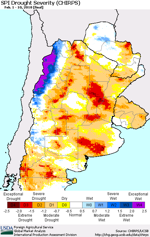 Southern South America SPI Drought Severity (CHIRPS) Thematic Map For 2/1/2018 - 2/10/2018