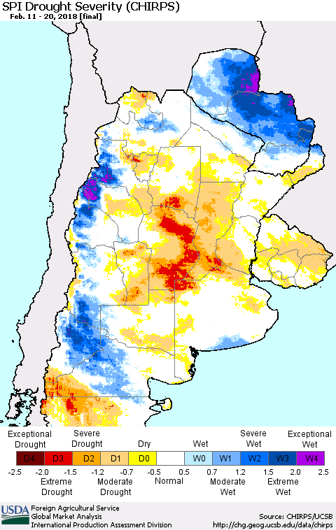 Southern South America SPI Drought Severity (CHIRPS) Thematic Map For 2/11/2018 - 2/20/2018