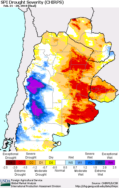 Southern South America SPI Drought Severity (CHIRPS) Thematic Map For 2/21/2018 - 2/28/2018