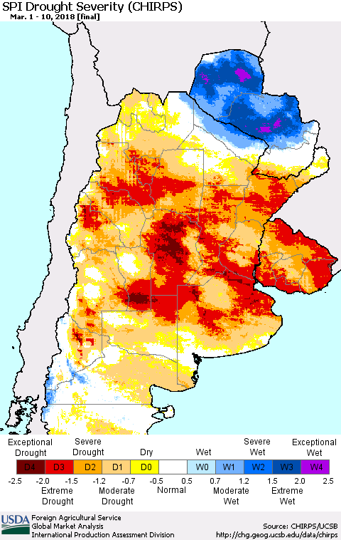 Southern South America SPI Drought Severity (CHIRPS) Thematic Map For 3/1/2018 - 3/10/2018