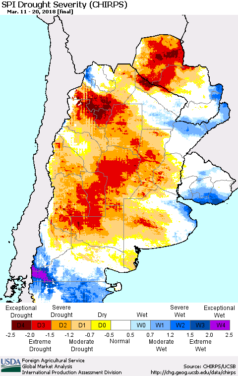 Southern South America SPI Drought Severity (CHIRPS) Thematic Map For 3/11/2018 - 3/20/2018