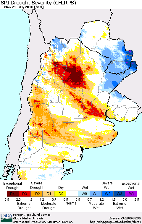 Southern South America SPI Drought Severity (CHIRPS) Thematic Map For 3/21/2018 - 3/31/2018