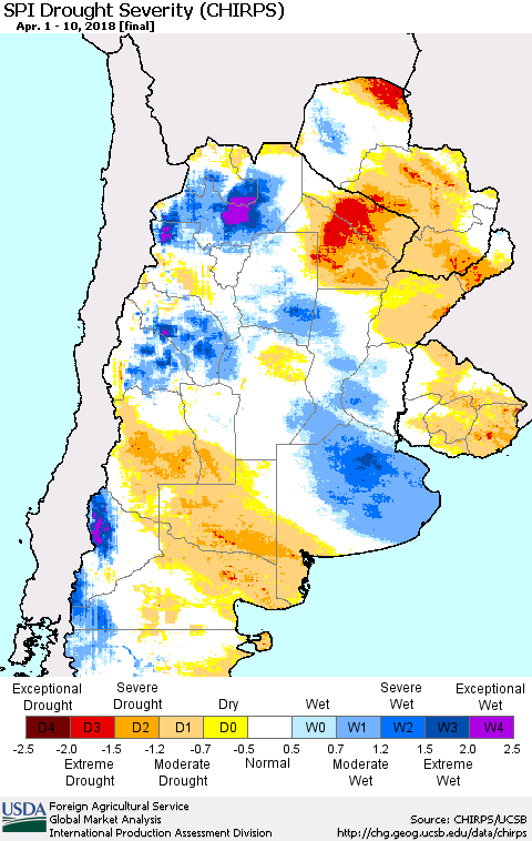 Southern South America SPI Drought Severity (CHIRPS) Thematic Map For 4/1/2018 - 4/10/2018