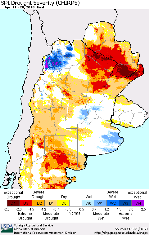 Southern South America SPI Drought Severity (CHIRPS) Thematic Map For 4/11/2018 - 4/20/2018