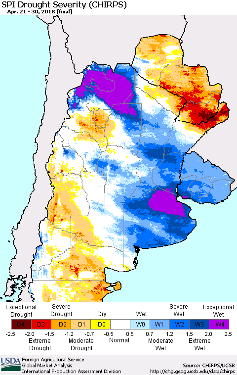 Southern South America SPI Drought Severity (CHIRPS) Thematic Map For 4/21/2018 - 4/30/2018