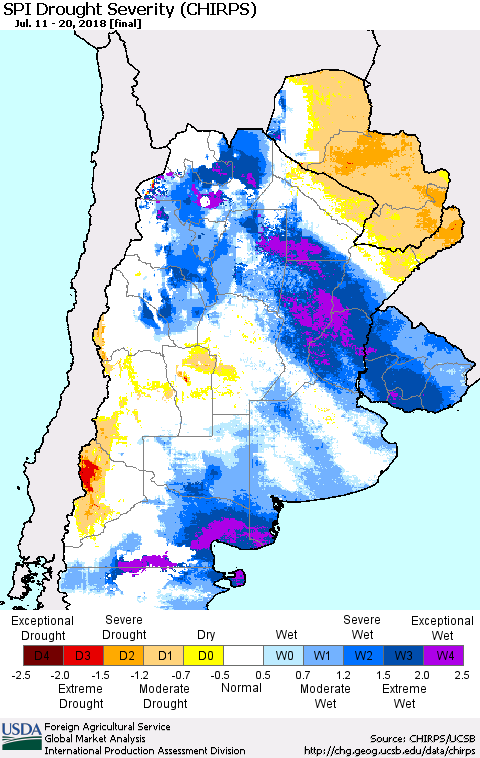 Southern South America SPI Drought Severity (CHIRPS) Thematic Map For 7/11/2018 - 7/20/2018