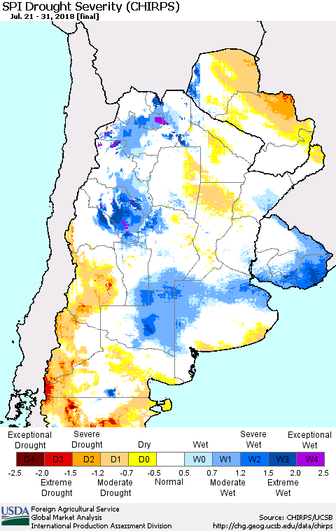 Southern South America SPI Drought Severity (CHIRPS) Thematic Map For 7/21/2018 - 7/31/2018