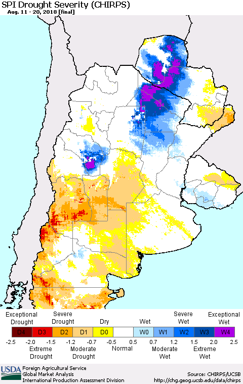 Southern South America SPI Drought Severity (CHIRPS) Thematic Map For 8/11/2018 - 8/20/2018