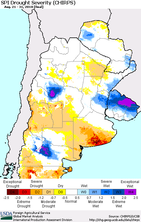 Southern South America SPI Drought Severity (CHIRPS) Thematic Map For 8/21/2018 - 8/31/2018
