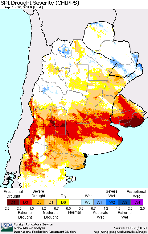 Southern South America SPI Drought Severity (CHIRPS) Thematic Map For 9/1/2018 - 9/10/2018