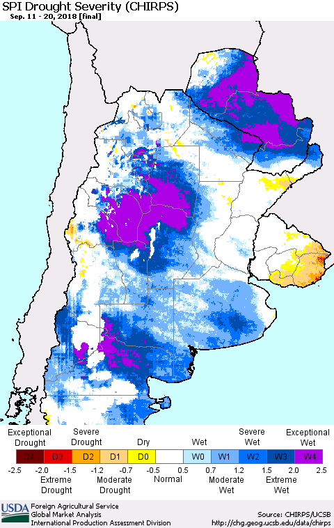 Southern South America SPI Drought Severity (CHIRPS) Thematic Map For 9/11/2018 - 9/20/2018
