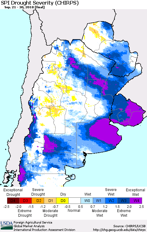 Southern South America SPI Drought Severity (CHIRPS) Thematic Map For 9/21/2018 - 9/30/2018