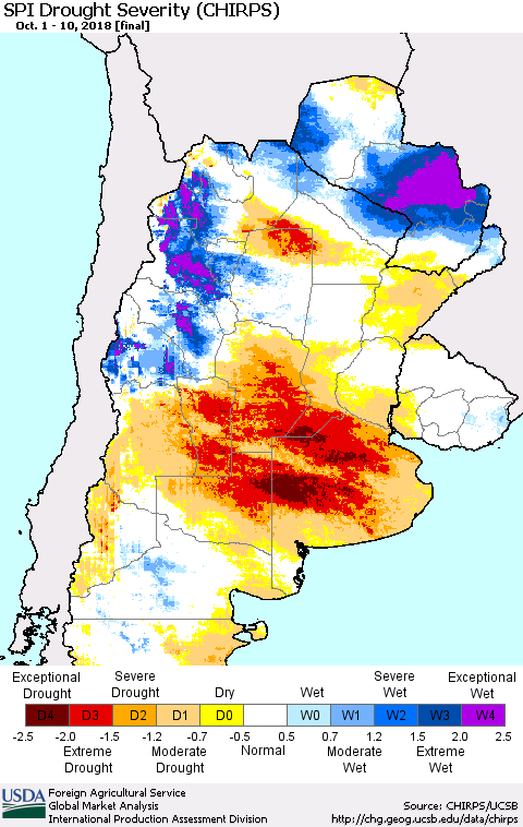 Southern South America SPI Drought Severity (CHIRPS) Thematic Map For 10/1/2018 - 10/10/2018
