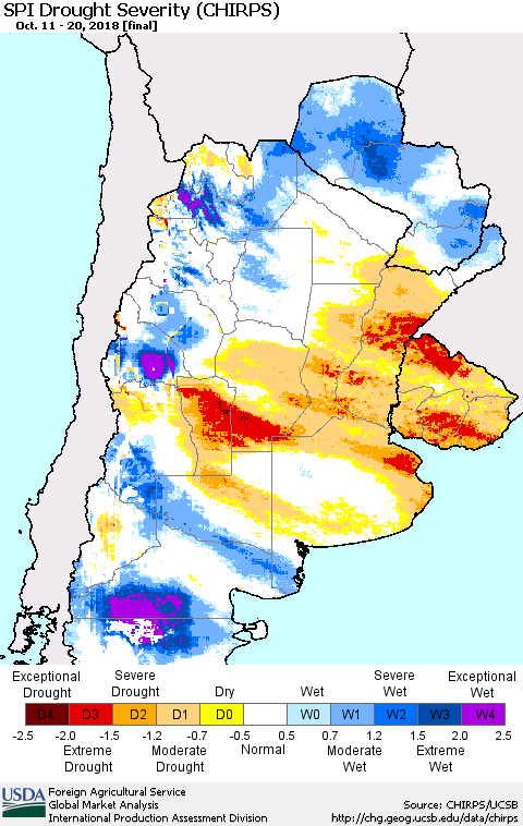 Southern South America SPI Drought Severity (CHIRPS) Thematic Map For 10/11/2018 - 10/20/2018
