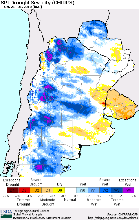 Southern South America SPI Drought Severity (CHIRPS) Thematic Map For 10/21/2018 - 10/31/2018