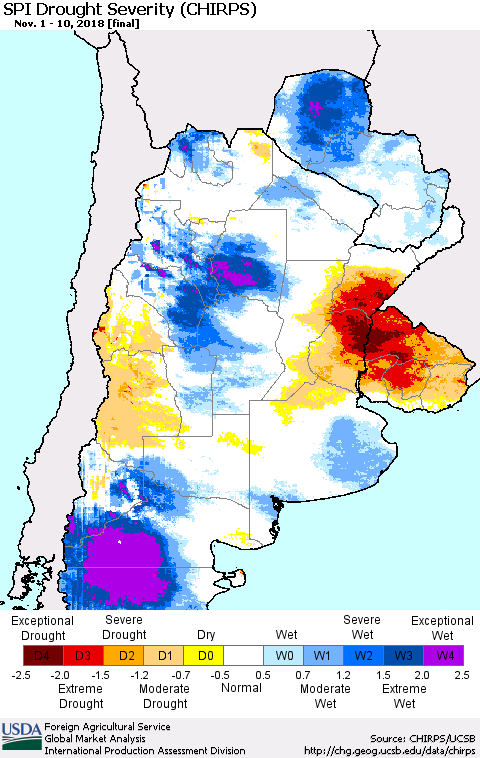 Southern South America SPI Drought Severity (CHIRPS) Thematic Map For 11/1/2018 - 11/10/2018