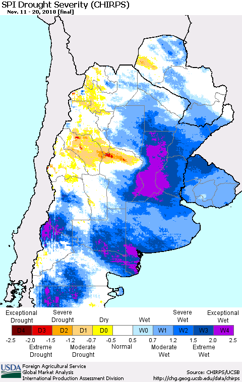 Southern South America SPI Drought Severity (CHIRPS) Thematic Map For 11/11/2018 - 11/20/2018