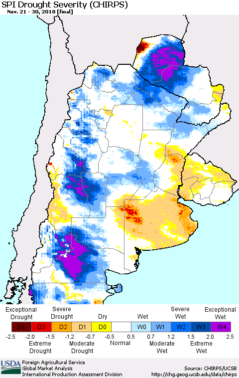 Southern South America SPI Drought Severity (CHIRPS) Thematic Map For 11/21/2018 - 11/30/2018