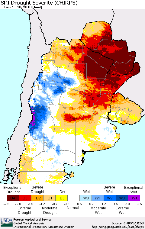Southern South America SPI Drought Severity (CHIRPS) Thematic Map For 12/1/2018 - 12/10/2018