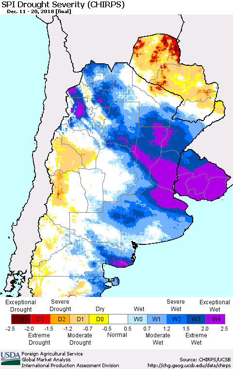 Southern South America SPI Drought Severity (CHIRPS) Thematic Map For 12/11/2018 - 12/20/2018