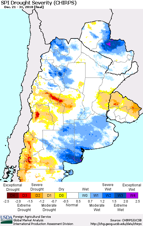 Southern South America SPI Drought Severity (CHIRPS) Thematic Map For 12/21/2018 - 12/31/2018