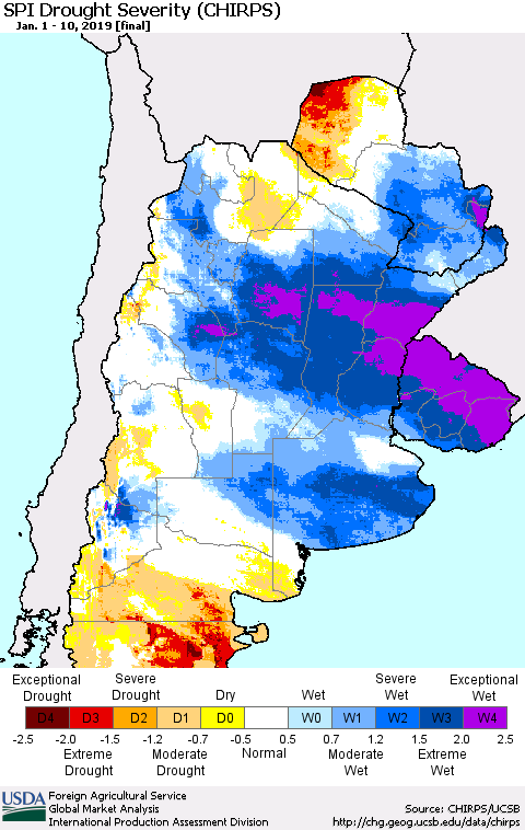 Southern South America SPI Drought Severity (CHIRPS) Thematic Map For 1/1/2019 - 1/10/2019