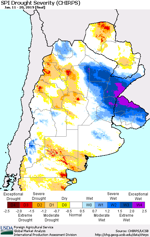 Southern South America SPI Drought Severity (CHIRPS) Thematic Map For 1/11/2019 - 1/20/2019