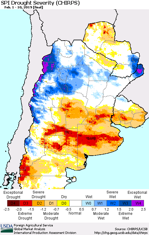 Southern South America SPI Drought Severity (CHIRPS) Thematic Map For 2/1/2019 - 2/10/2019