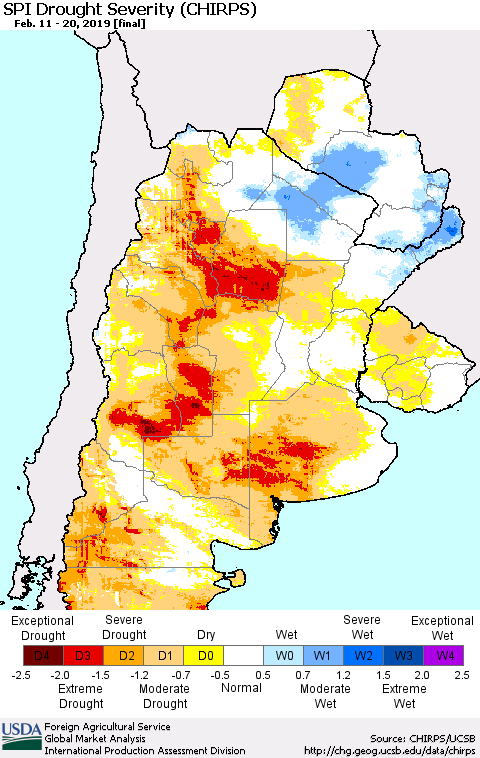 Southern South America SPI Drought Severity (CHIRPS) Thematic Map For 2/11/2019 - 2/20/2019