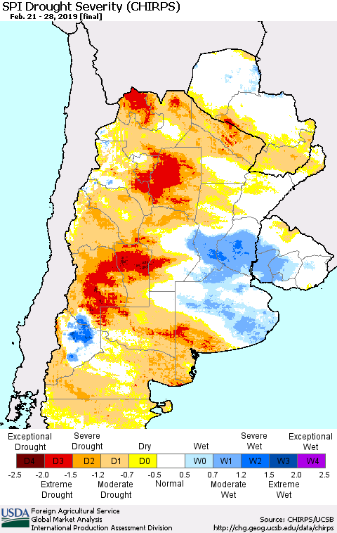 Southern South America SPI Drought Severity (CHIRPS) Thematic Map For 2/21/2019 - 2/28/2019