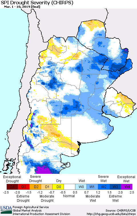 Southern South America SPI Drought Severity (CHIRPS) Thematic Map For 3/1/2019 - 3/10/2019