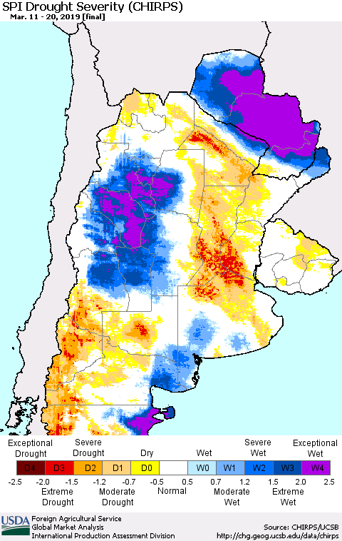 Southern South America SPI Drought Severity (CHIRPS) Thematic Map For 3/11/2019 - 3/20/2019