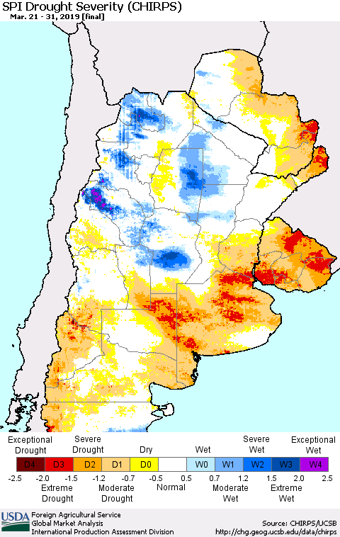 Southern South America SPI Drought Severity (CHIRPS) Thematic Map For 3/21/2019 - 3/31/2019