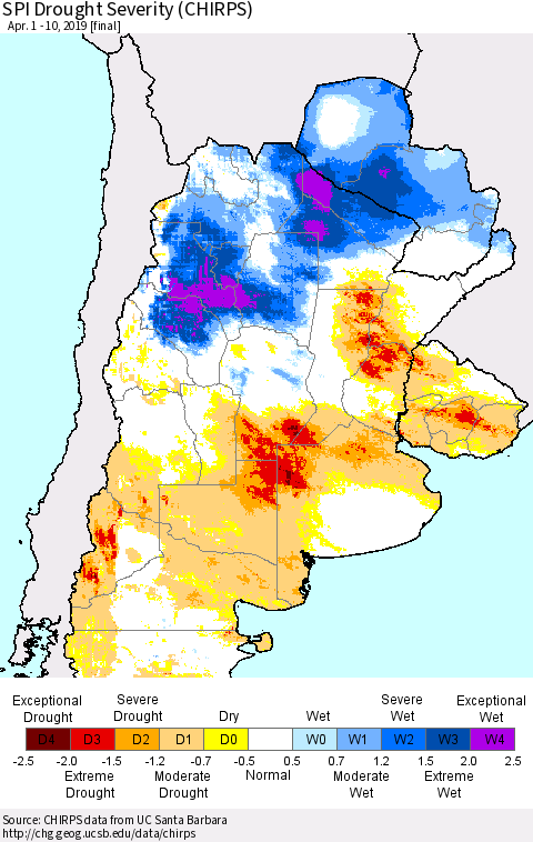 Southern South America SPI Drought Severity (CHIRPS) Thematic Map For 4/1/2019 - 4/10/2019