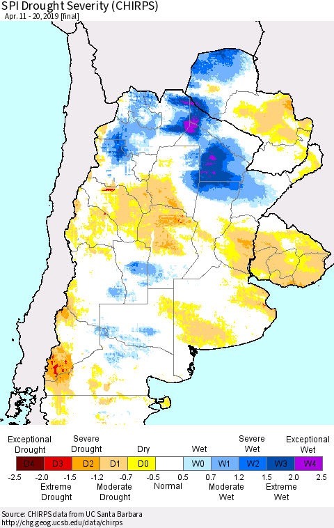 Southern South America SPI Drought Severity (CHIRPS) Thematic Map For 4/11/2019 - 4/20/2019