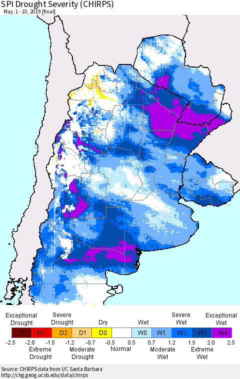 Southern South America SPI Drought Severity (CHIRPS) Thematic Map For 5/1/2019 - 5/10/2019