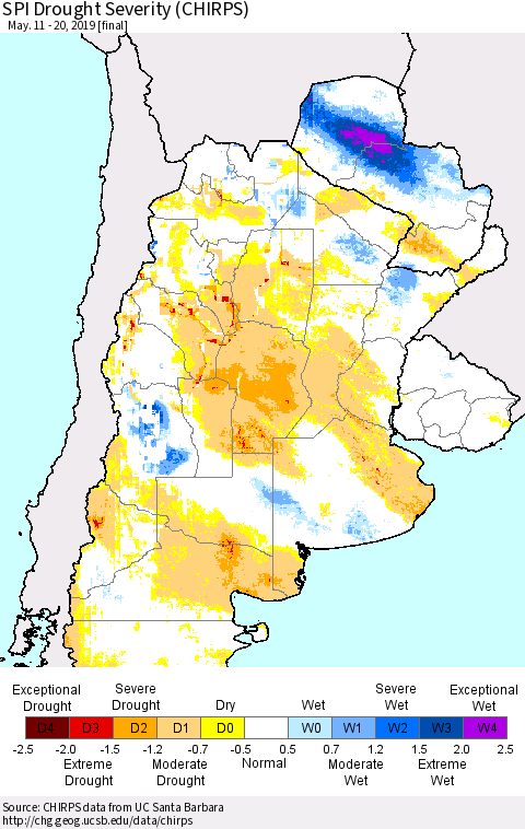 Southern South America SPI Drought Severity (CHIRPS) Thematic Map For 5/11/2019 - 5/20/2019