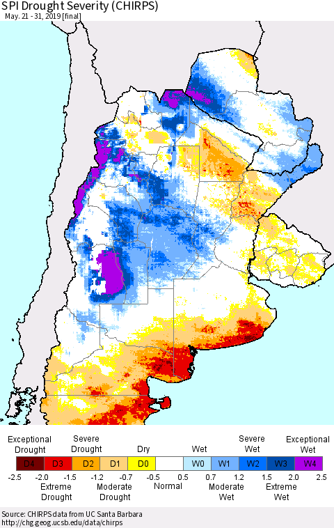 Southern South America SPI Drought Severity (CHIRPS) Thematic Map For 5/21/2019 - 5/31/2019