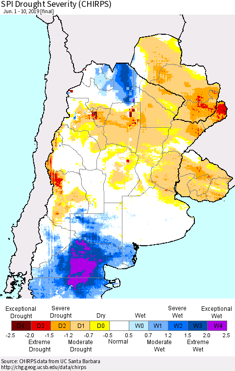 Southern South America SPI Drought Severity (CHIRPS) Thematic Map For 6/1/2019 - 6/10/2019