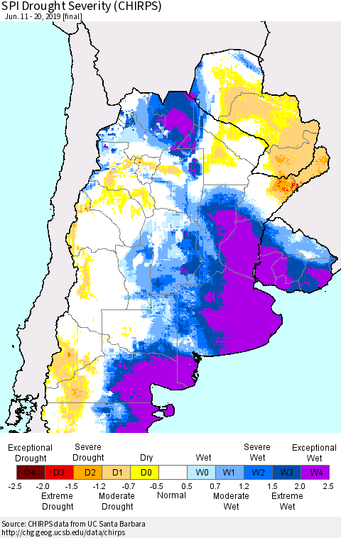 Southern South America SPI Drought Severity (CHIRPS) Thematic Map For 6/11/2019 - 6/20/2019