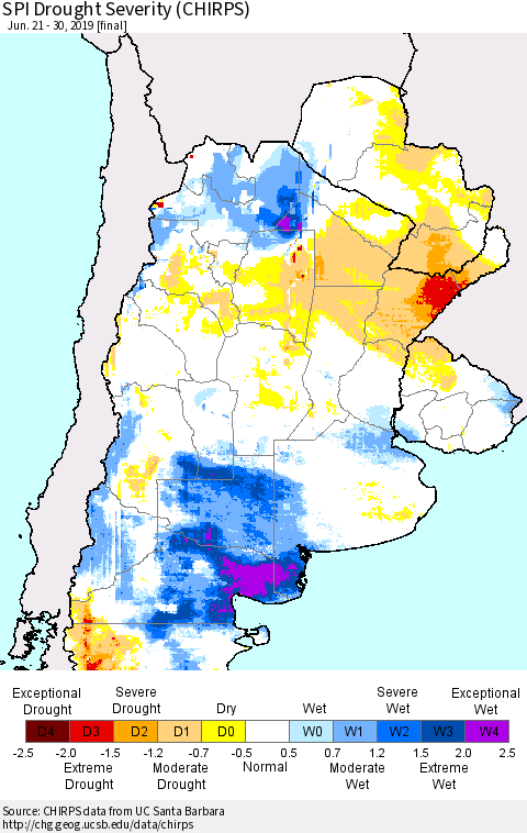Southern South America SPI Drought Severity (CHIRPS) Thematic Map For 6/21/2019 - 6/30/2019