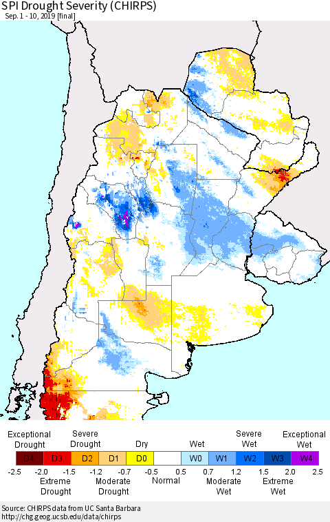 Southern South America SPI Drought Severity (CHIRPS) Thematic Map For 9/1/2019 - 9/10/2019