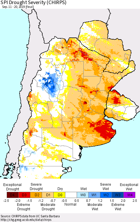 Southern South America SPI Drought Severity (CHIRPS) Thematic Map For 9/11/2019 - 9/20/2019