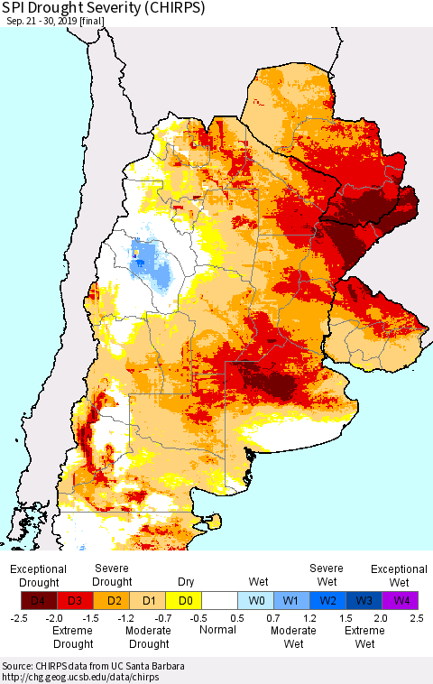 Southern South America SPI Drought Severity (CHIRPS) Thematic Map For 9/21/2019 - 9/30/2019