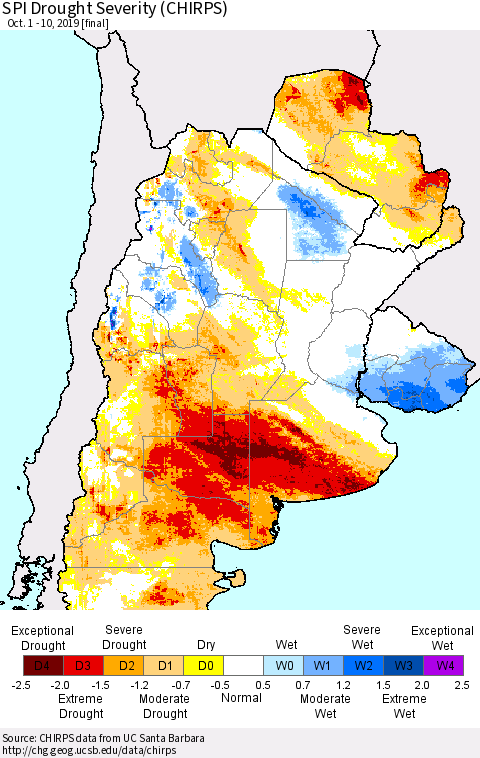 Southern South America SPI Drought Severity (CHIRPS) Thematic Map For 10/1/2019 - 10/10/2019